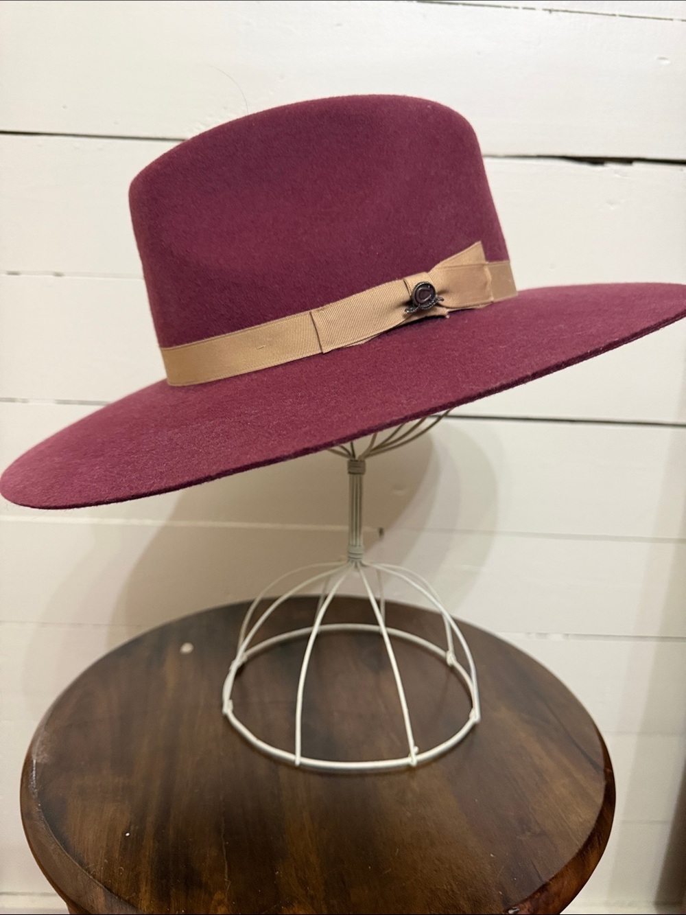 Wide Brim Felt Fedora Hat in Burgundy with Tan Band